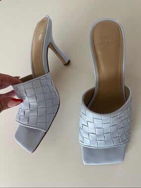 Marc Fisher Pale Blue Woven Leather Square-Toe Mules